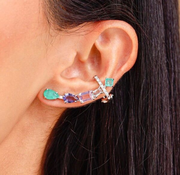 BRINCO PRATA EAR CUFF CRISTAIS COLORIDO